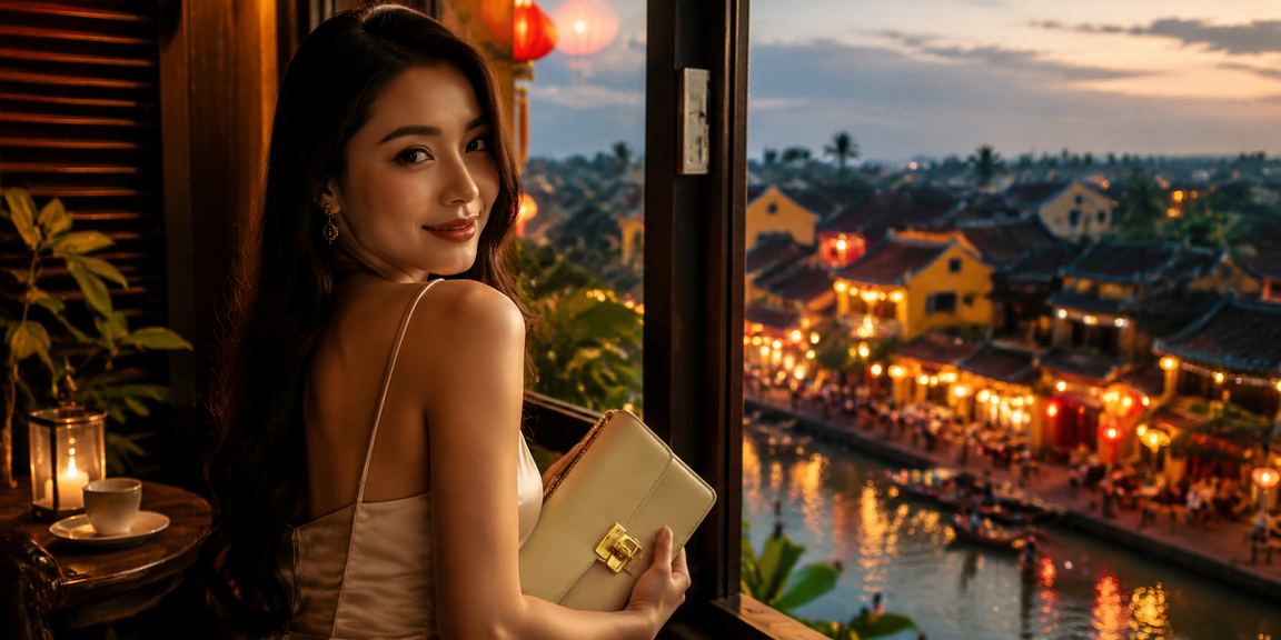 Khung cảnh Hội An về đêm với người dùng truy cập trò chơi casino trực tuyến trên di động